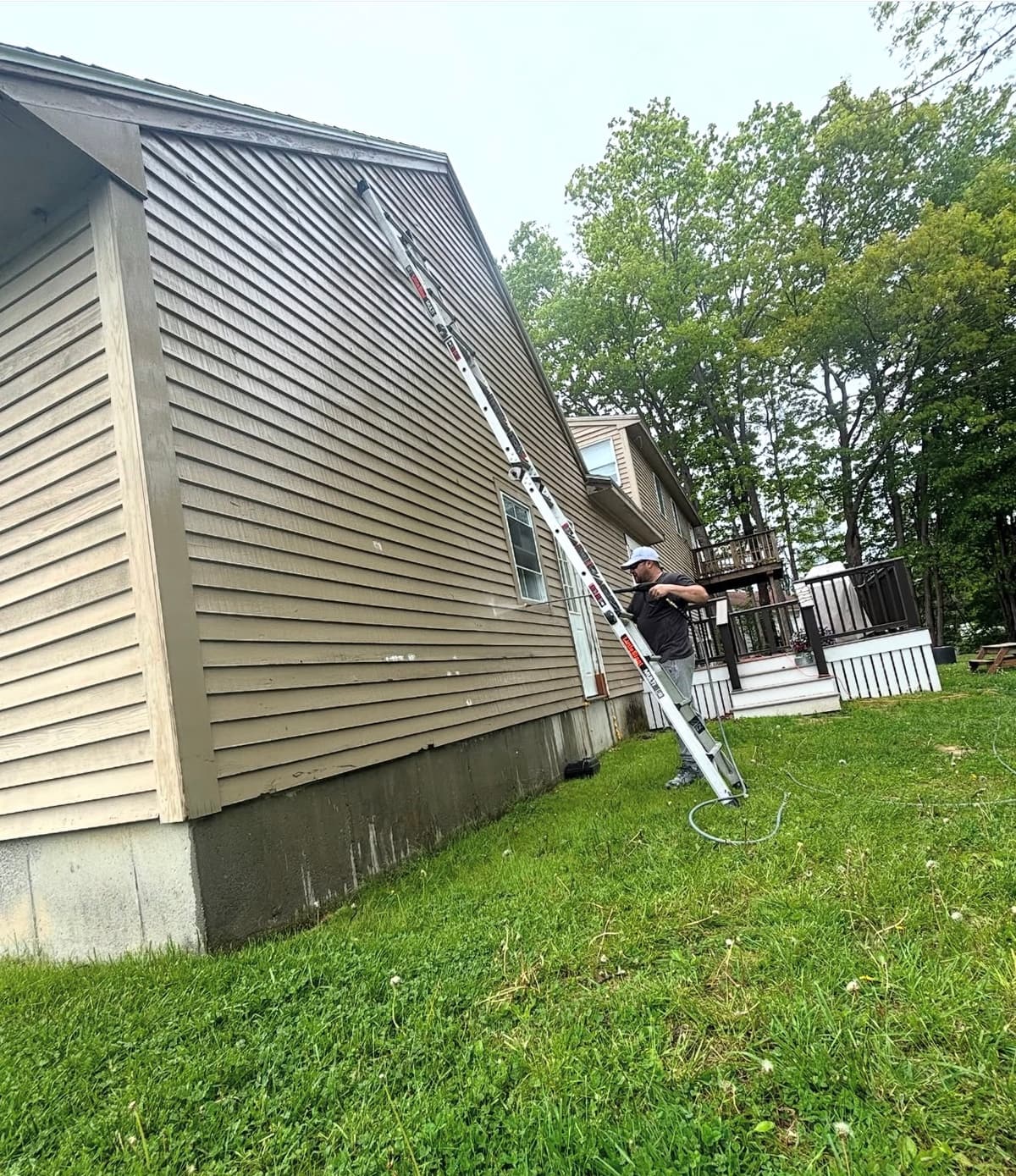 Ladder set against clapboard siding during exterior painting