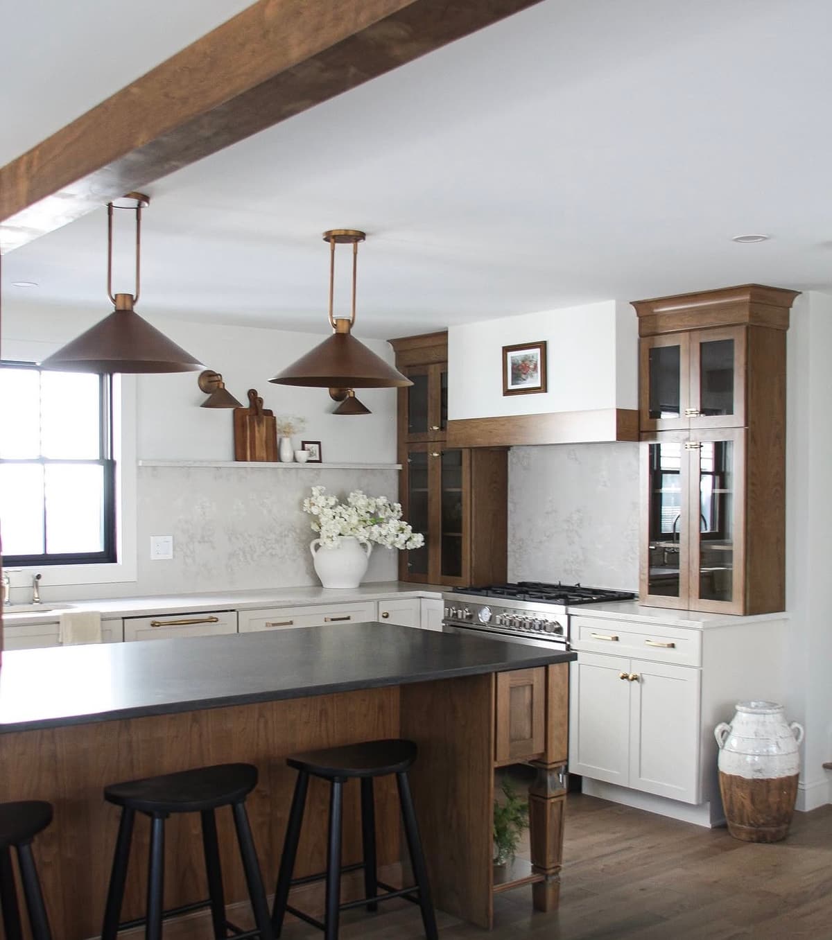 Farmhouse kitchen painted around an exposed beam